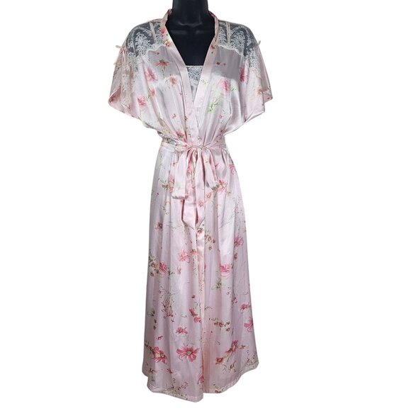 Oscar de la Renta Pink Label Peignoir Set S/M Soft Pink Floral Rosette Detail - Picture 3 of 16